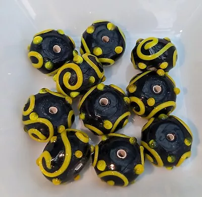 Lampwork Beads X 10 Handmade Black Yellow Patterned Detail 14mm Focal Unique  • £4.99