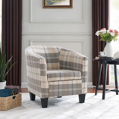 Modern Tartan Fabric Tub Chair Beige Or Grey Armchair Occasional Accent Chair • £119.99