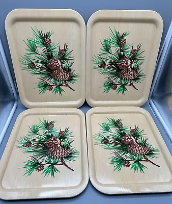 Lot Of 4 Vintage MCM Metal Serving TV Tray Brown Green Pine Cone 14.75  X 10.75  • $29.99