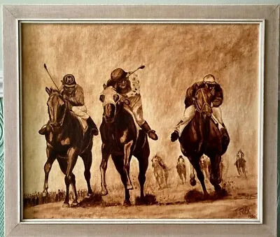 Oil Painting On Canvas Horse Racing  Signed TRIX 1980 Framed 27 X 23 Inches  • £65