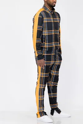 Mens Plaid Checkered Single Stripe Track Suit Active Wear Ankle Zipper Set • $47.99