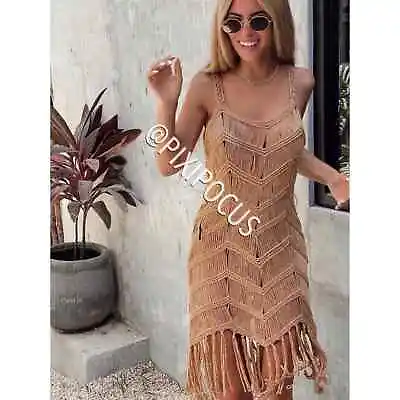  Zara Nwt Knit Crochet Fringe Dress Flapper Dress Small ** Flaw ** • £47.26