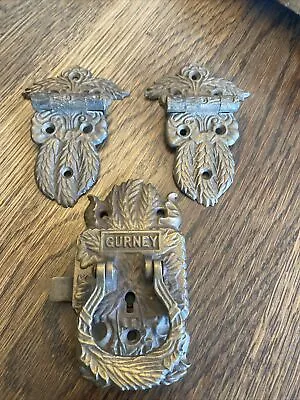 2 Ornate Brass Antique Vintage Gurney Icebox Offset Hinges & Latch Handle • $48