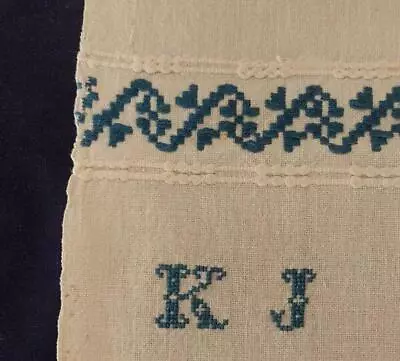 Antique Homespun French Linen Towel Blue Embroidery Monogram K J Kitchen • $29.99