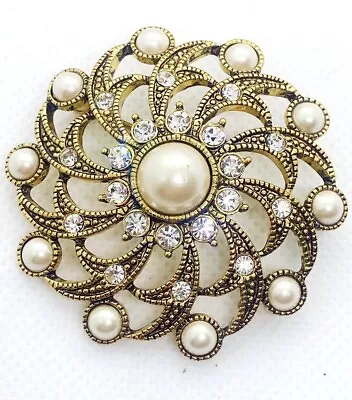 Vintage Signed Monet Gold Tone Faux Pearl Crystal Rhinestone Filagree Brooch • $16