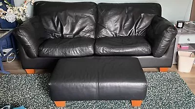 3 Seater Black Leather Sofa And Footstool • £100