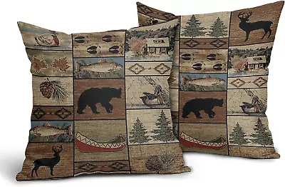 Western Rustic Bear Throw Pillows Cover Set Of 2 Wild Animal Bear Deer Moose Pil • $24.22
