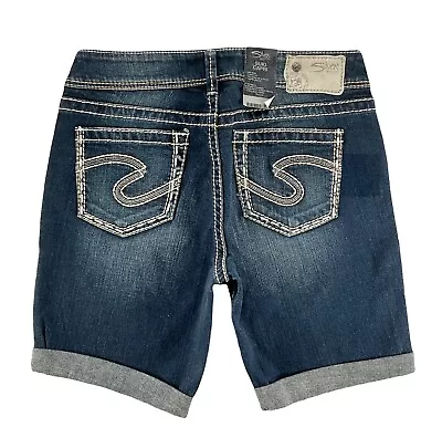 Silver Jeans Shorts Suki Mid Rise Denim Dark Cuffed Cutoff Embroidered Shorts 28 • $19.97