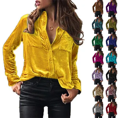 Ladies Velvet Button Up Top Blouse Long Sleeve T-shirt Spring Casual Shirts Size • £13.99