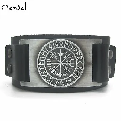 MENDEL Mens Viking Leather Bracelet Vegvisir Pirate Compass Runes Cuff Wristband • $11.99