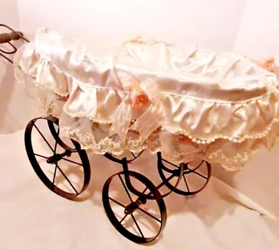 Musical Wicker Baby Doll Buggy / Pram -Vintage -Satin Lining - Wind-up Music Box • $66.94