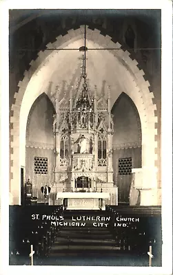 ST PAULS LUTHERAN CHURH Real Photo Postcard Rppc MICHIGAN CITY INDIANA IN 1940s • $14