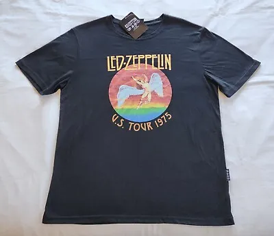 Led Zeppelin Mens US Tour 1975 Black Printed Short Sleeve T Shirt Size L New • $19.99