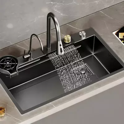 Stainless Steel Black Raindance Waterfall Kitchen Sink Large Bowl Wash Basin  • £224.97