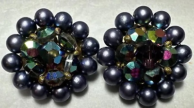 Earrings Purple AB Crystal Cluster Beaded Round Clip-on Vintage Jewel • $2