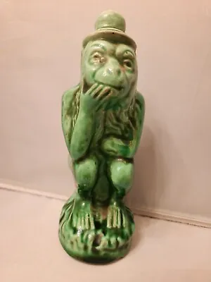 Old Antique Glazed Pottery Figural Coin Bank  - Sitting Monkey On Stump Wearing • $75