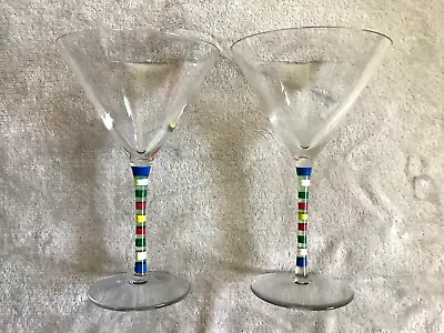 £14.99 • Buy 2 X Martini Cocktail Hand Painted Rainbow Stemmed Glasses Striped Multi Coloured