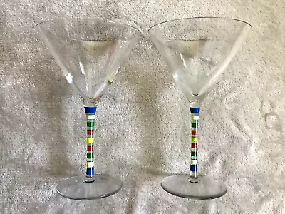 £14.99 • Buy 2 X Martini Cocktail Hand Painted Rainbow Stemmed Glasses Striped Multi Coloured