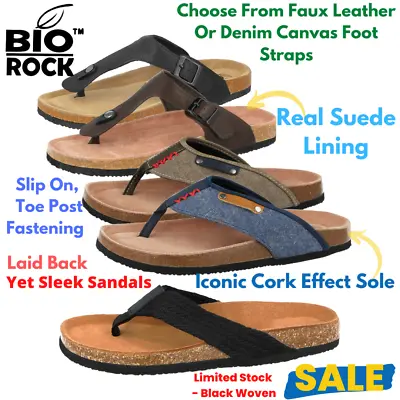 £14.95 • Buy Mens Faux Leather Denim Toe Post Comfort Cork Sole Beach Flip Flops Sandals UK