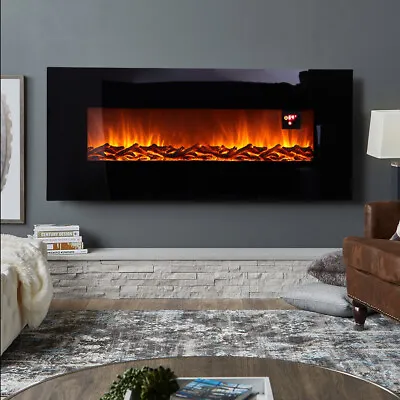 50In Wide Electric Fire Black Wall Mounted Flat Glass Hanging Fireplace + Remote • £159.99