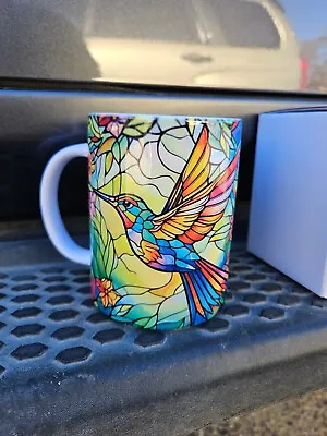 Stained Glass Hummingbird In Flight Coffee Mug 15 Oz Ceramic Mug Gift Free Ship • $16.95