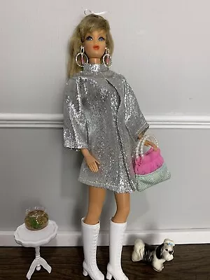 Vintage Barbie Mod Clone 1960s Silver Dress  With Boots And Accessories. • $22.99