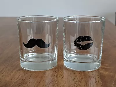 Mustache & Lips Double Old Fashioned Set Of 2 Barware His & Hers Drink Glasses • $20