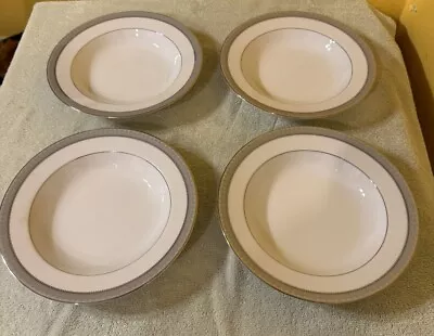 Mikasa~Platinum Crown~Set 4 Rimmed Soup Bowls 8”~L3428~w/Patterned Platinum Trim • $25