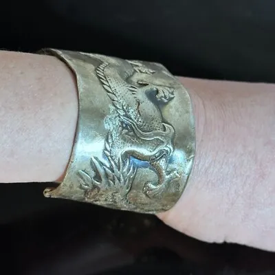 Rare Antique Chinese Dragon Sterling Silver 925 Cuff Bracelet Mens XL Hong Kong • $446.25