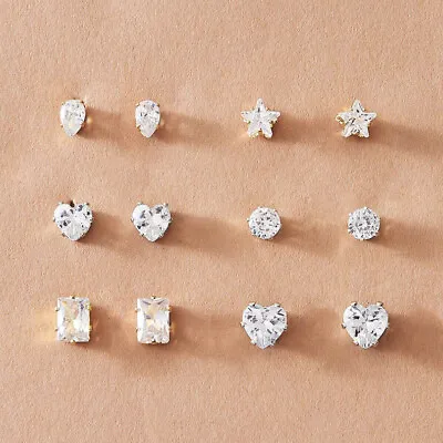 New Women Silver Cubic Zirconia Stud Earrings Small Round Heart Star CZ Set Pack • £3.95
