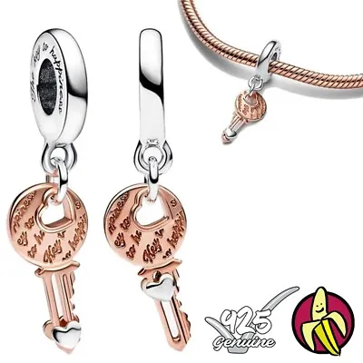 Key With Sliding Heart Rose Gold S925 Bracelet Charm For 3mm Snake Chain • £9.99