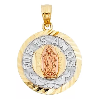 Round Disc Mis 15 Anos Quinceanera 14k Tri Colored Gold Guadalupe Charm Pendant • $159.99