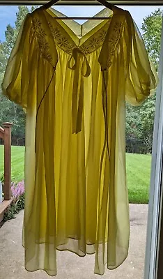 Vintage 1960s Yellow Chiffon Peignoir Set Gown Robe Sheer Large Midi Lingerie • $69