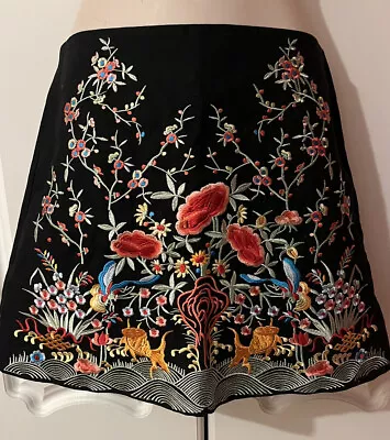 Zara Floral Embroidered  A Line Black Cotton Skirt Size S • £8