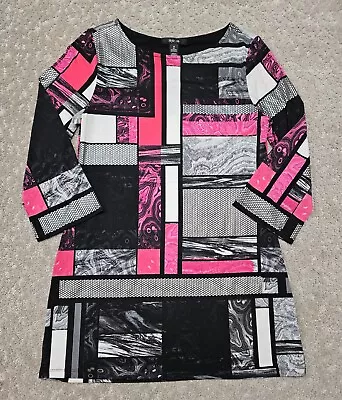 Style & Co. Micro Mini Dress Womens SIZE M Pink Black 3/4 Flared Sleeve Pullover • $11.05