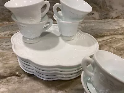 Vintage Milk Glass Snack Trays Plates Cups Grape Leaf Pattern White 12 Pcs • $15