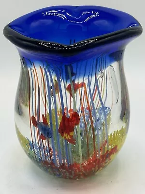 Hand Blown Art Glass Vase With Fish & Confetti Colbalt Blue Rim 5.75  • $45