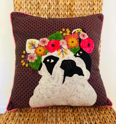 $39.99 • Buy Karma Living Embroidered Frenchie French Bulldog Pillow