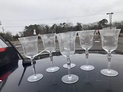 Vtg  Set Of 6 Etched Floral Pattern Optic Clear Cut Crystal 7 3/4” Wine Glasses • $36.99