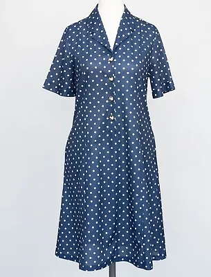 £29.99 • Buy Vintage Blue Tea Dress 10-12 Polka Dot 1970s 1940s Style WW2 With Pockets
