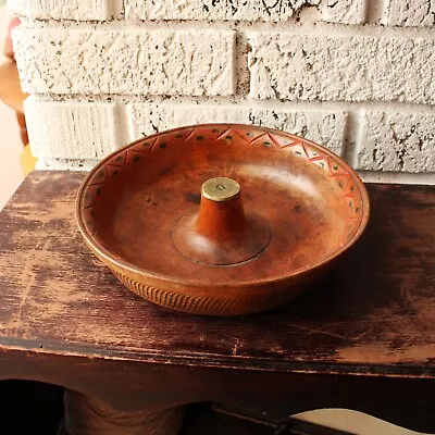 Vintage Wood Carved Nut Bowl Round Shallow Wooden Dish Serving Bowl. • $22