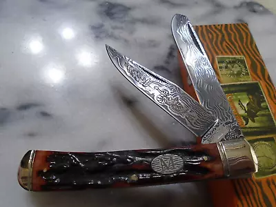 Marbles Southwest Rattler 2 Blade Trapper Pocket Knife Stag Bone Damascus Etch • $23.75