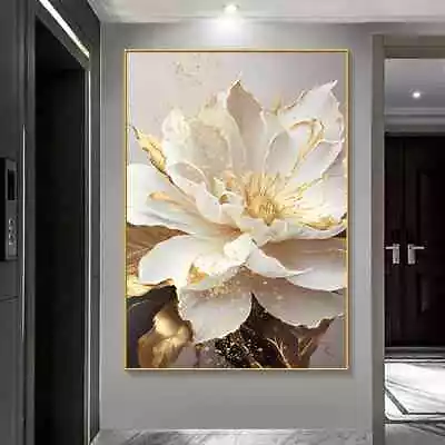 Gold Leaf White Blooming Flowers Decorative Paintings Canvas Wall Art • $18.99