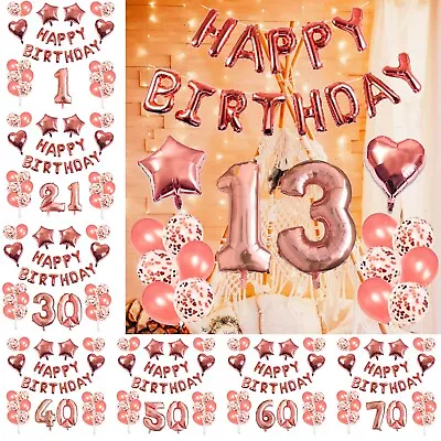 Rose Gold Happy Birthday Bunting Banner Decorations Balloons Confetti Girls Foil • £4.99