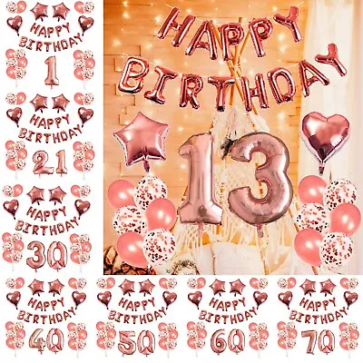 £4.99 • Buy Rose Gold Happy Birthday Bunting Banner Decorations Balloons Party Girls Women