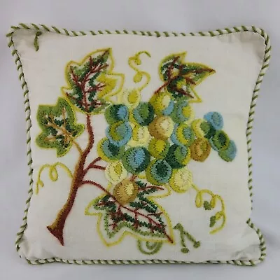 Floral Crewel Pillow Linen Handmade Finished Green 13  Embroidery 3D Boho Vtg • $22.95