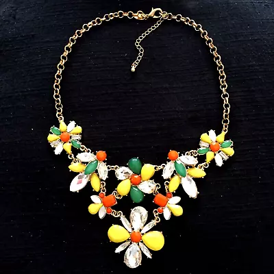 Clear Stones Multi Color Accent Flowers Gold Tone Bib Necklace - 483 • $1.99