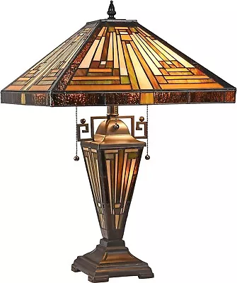 Tiffany Table Lamp Vase 3-Light Amber Brown Mission Stained Glass 16X16X24 Inc • $299.90