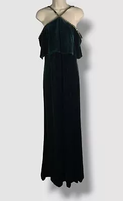 $395 Aidan Mattox Women's Green Velvet Beaded Cold-Shoulder Gown Dress Size 8 • $126.78