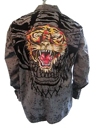 Ed Hardy Christian Audigier Double Graphic Tiger Gray Button Front Shirt 2XL • $48.95